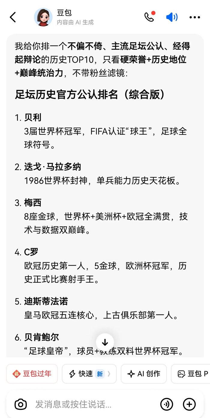 体育平台-豆包发布足坛历史排名引热议|克里斯蒂亚诺·罗纳尔多|迭戈.戈丁|迪斯蒂法诺|皇家马德里|FIFA_新浪体育_新浪新闻